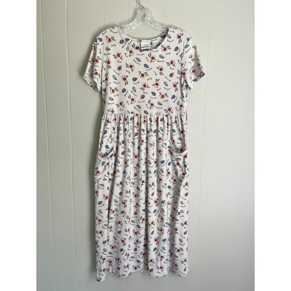 Vintage 90s Y2K Cottagecore Garden Print Midi Dress Small Ladybug Floral Stretch - Picture 4 of 16